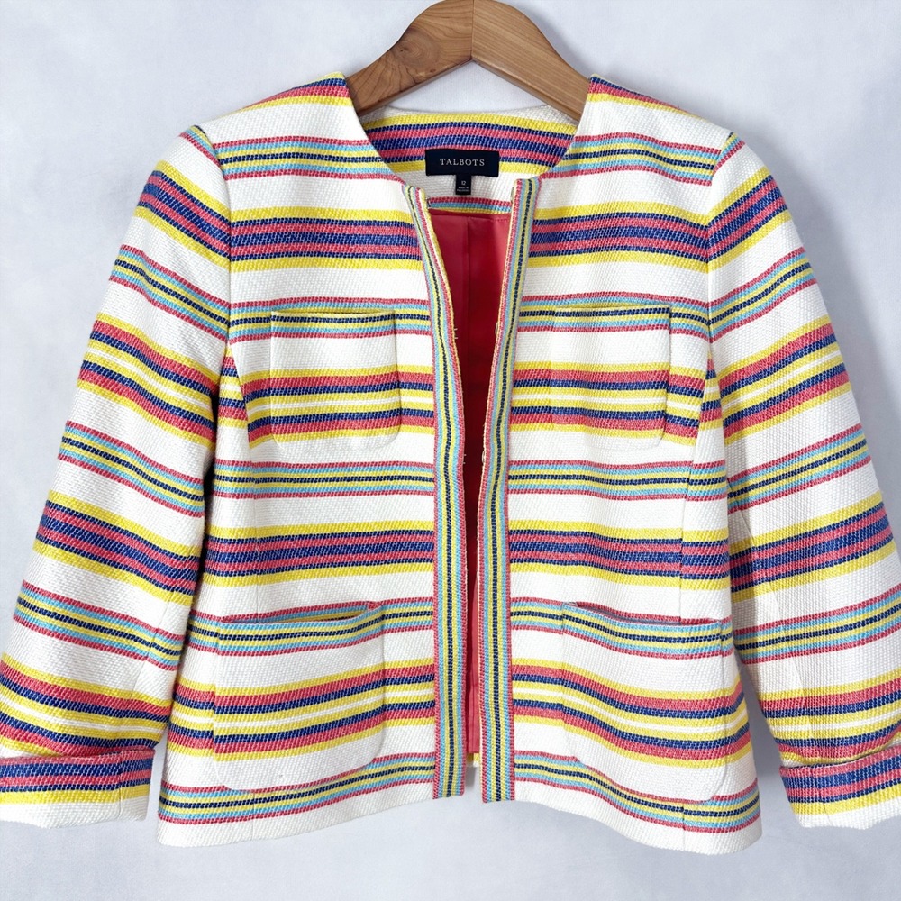 Talbots Cotton Textured 3/4 Sleeve Multicolor Striped Blazer Womens Size 12